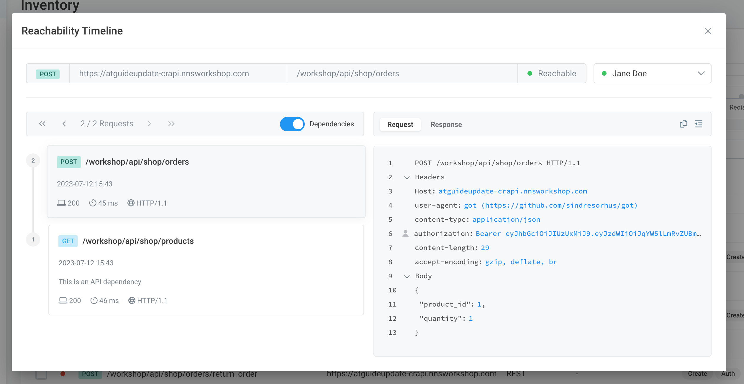 Screenshot showing resolved reachability for create order